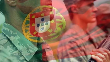 animación de la bandera de portugal sobre varios soldados varones