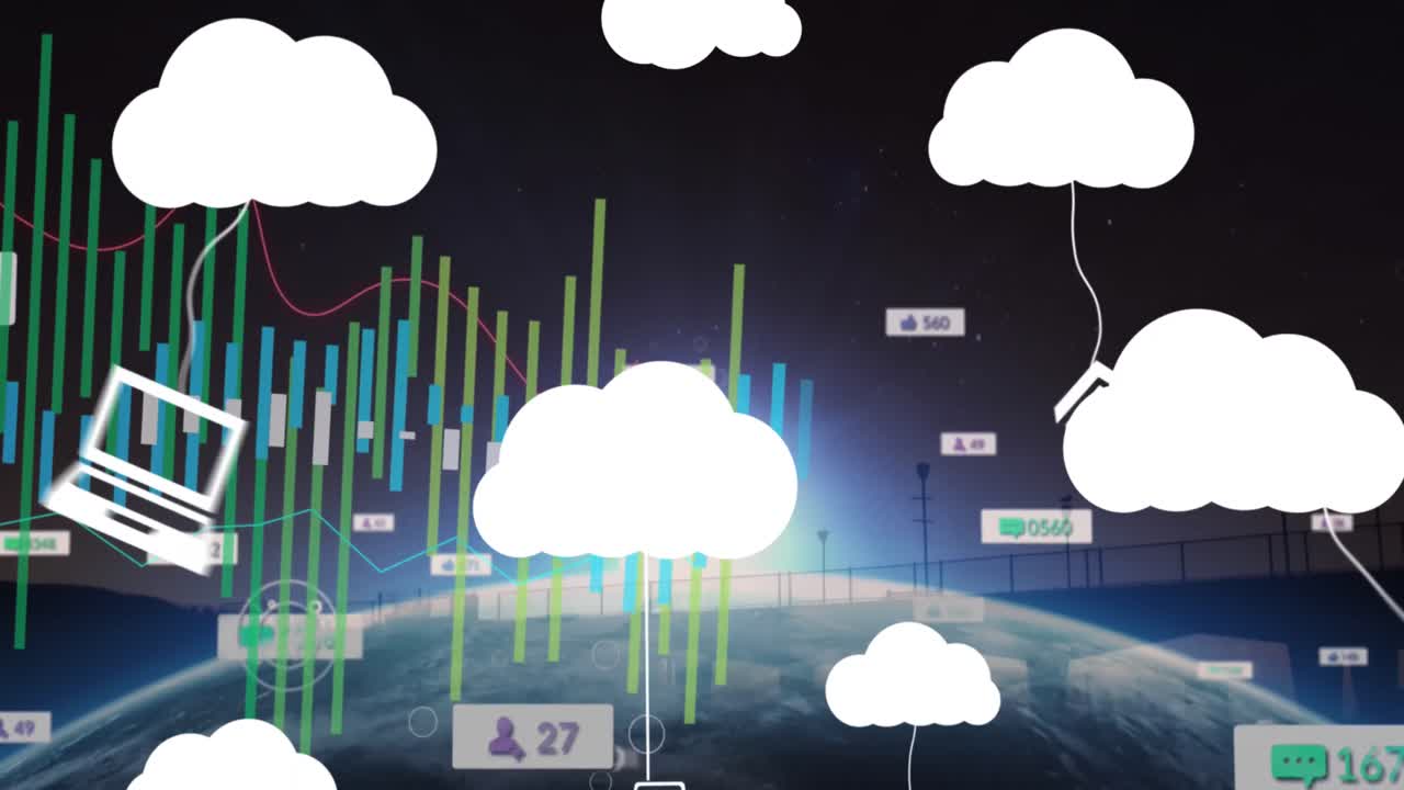 Animation af skyikoner og databehandling over globus på sort baggrund