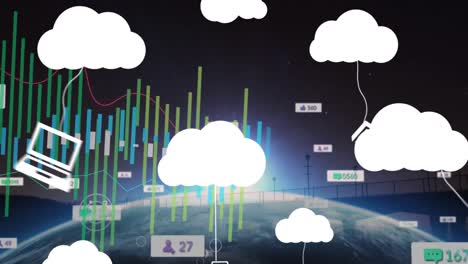 animación de iconos de nubes y procesamiento de datos sobre el globo sobre fondo negro