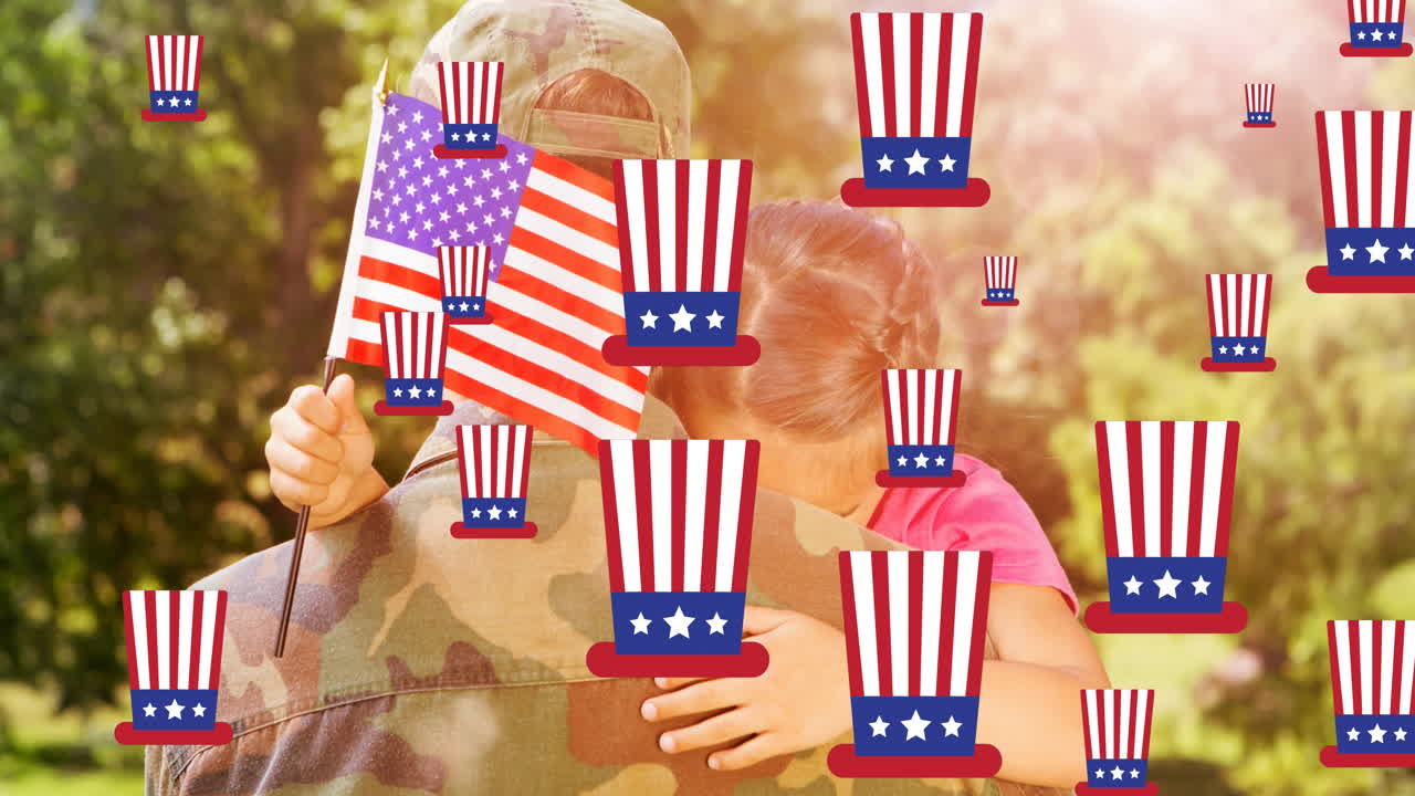 Animation of soldier with daughter and american flag over hats