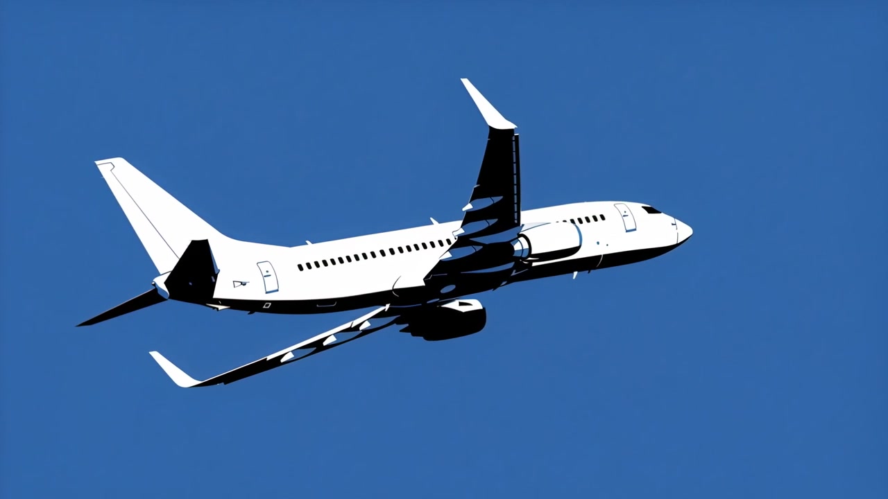 Cruising white jetliner moving across clear blue sky after takeoff, showing winglets engines