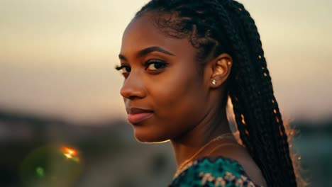 retrato de una hermosa mujer negra sonriendo a la cámara.