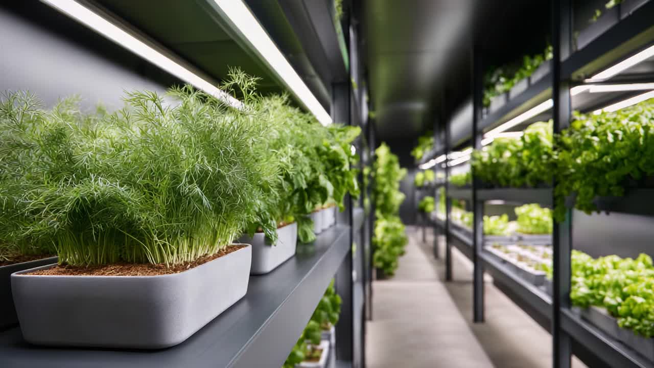 Moderno giardino idroponico indoor con erbe fresche e verdure sotto illuminazione artificiale in un ambiente di vertical farming pulito, organizzato e innovativo