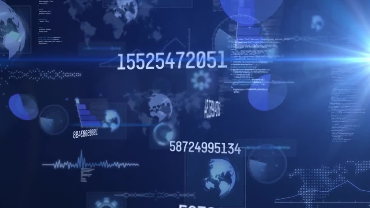 Animation of light spots and data processing over black backgound