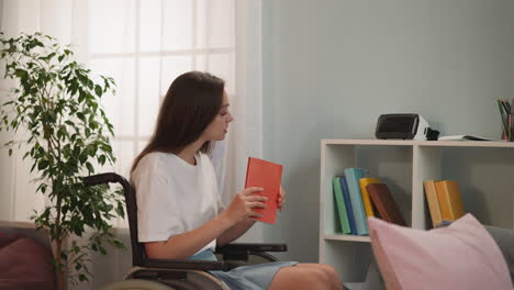 Disabled-woman-takes-old-books-from-rack-checking-content