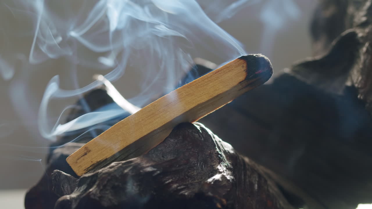 Person holding Palo Santo wood stick in hand, aromatic Palo Santo burning on black background, smoke spreading around, slow motion video clip, high quality 4k close up footage. High quality 4k footage