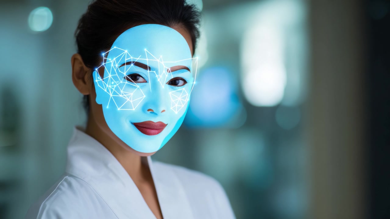 Eine Frau in einem weißen Gewand mit leuchtenden Gesichtsmustern repräsentiert die Verschmelzung von Technologie und Schönheit und zeigt futuristische Hautpflege- und Selbstpflege-Innovationen.