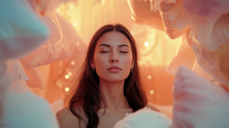 Breathing woman in camisole sitting in bedroom, pastel pillows drifting, amber lights flickering