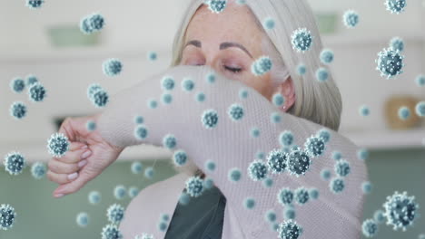 animation of virus cells over senior caucasian woman coughing