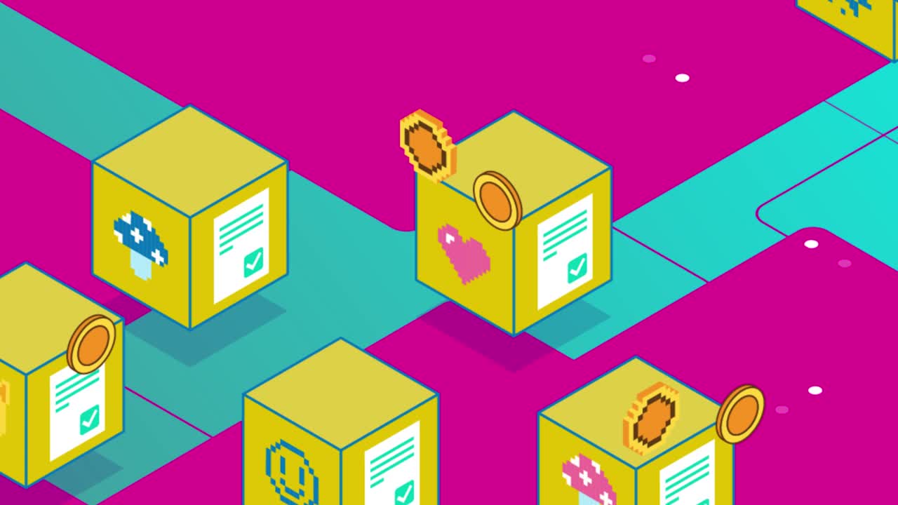 Yellow Virtual Blocks NFT CryptoArt Animation. Virtual Money Transaction. Blockchain Technology. NFT Metaverse Concept. Abstract Trendy Background. 4K