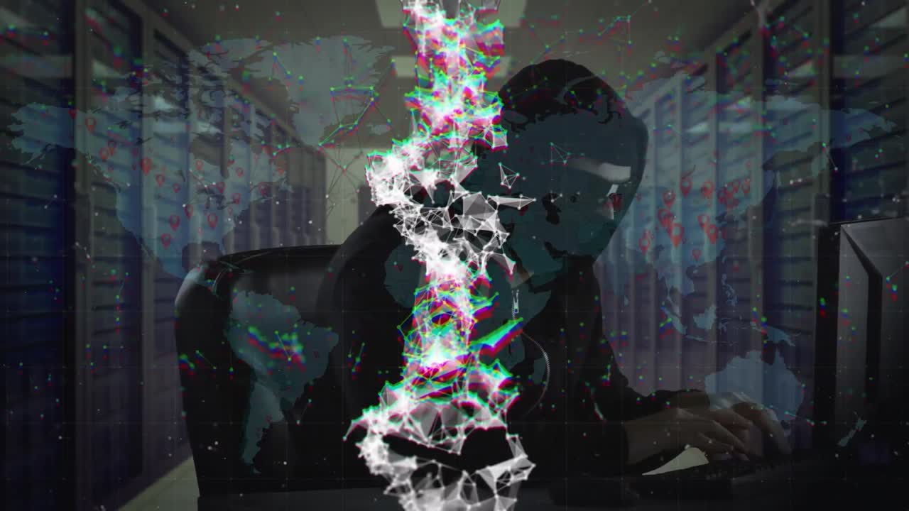 animación de hélice de adn giratoria digital contra el hombre con capucha hacking computadora en el centro de datos