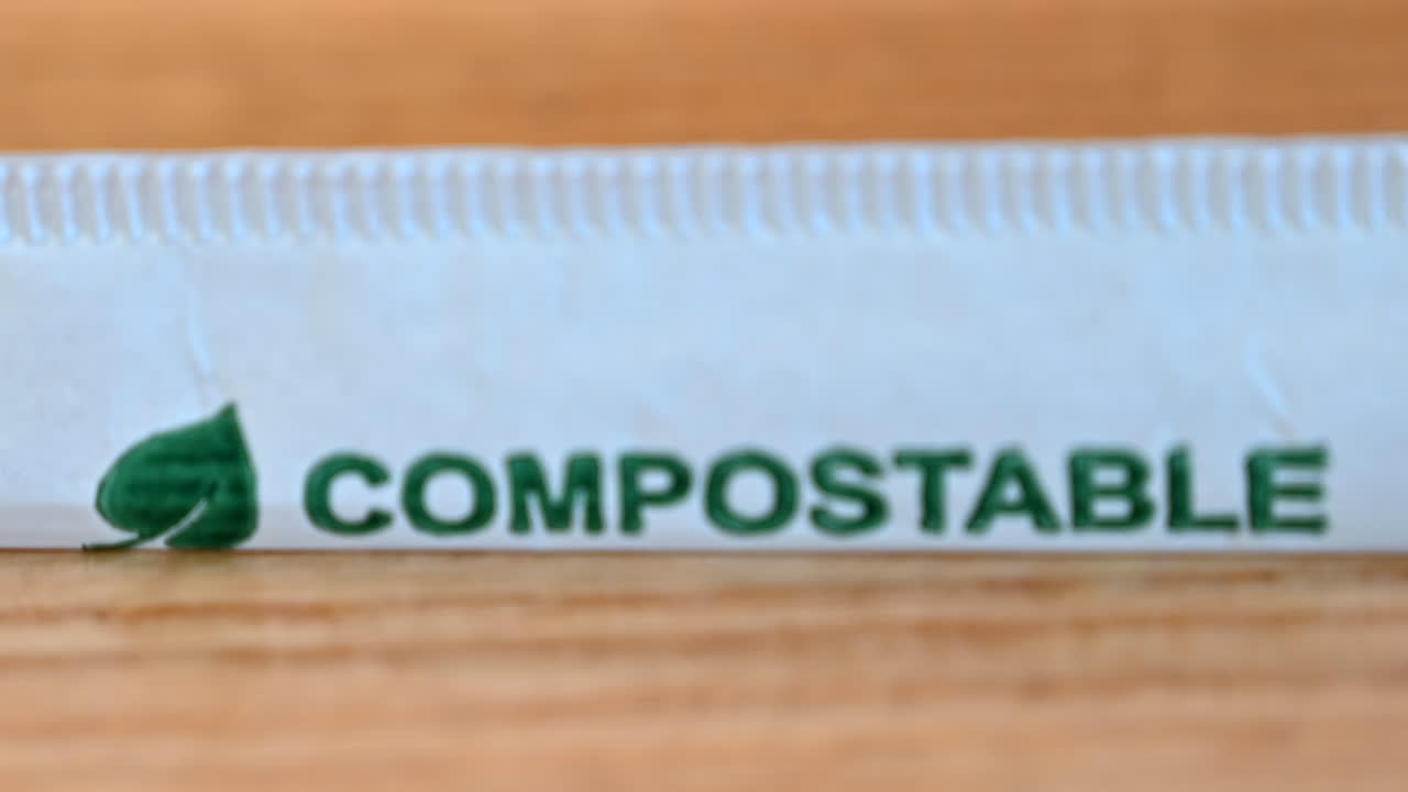 Close up of a biodegradable straw in white wrapping