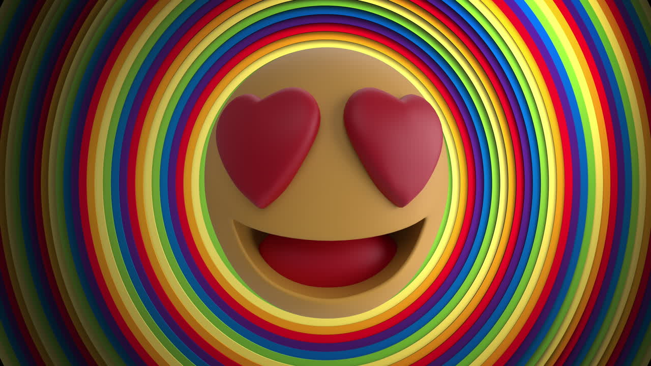 Animazione di icona emoji del cuore dei social media su cerchi arcobaleno