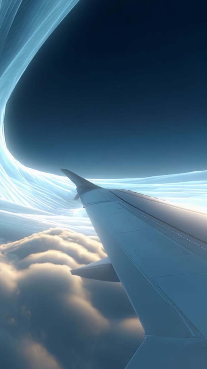 A breathtaking aerial view from an airplane showcasing ethereal cloud formations and vibrant blue atmospheric trails under a vast sky, capturing flight's beauty