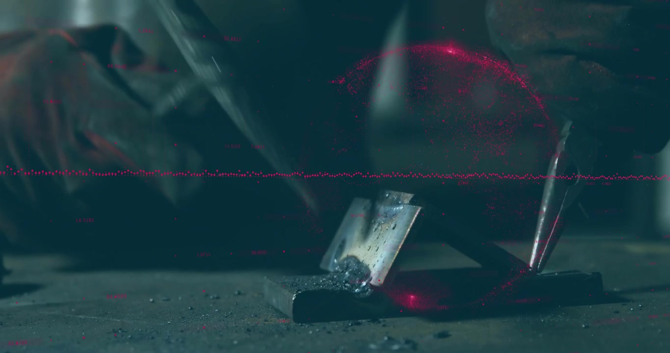 Welder bringing electrode down on joint, striking arc and forming molten pool for metal fabrication