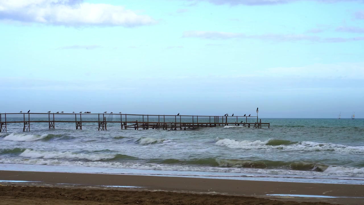 Scattato in Italia, a Rimini. Il tempo è ventoso in mare. Le onde sono forti. Si può vedere un grande molo con gabbiani. Il tempo è variabile e nuvoloso. Non ci sono persone sulla spiaggia.