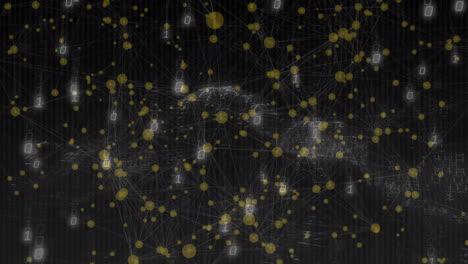 animation of yellow nodes and binary code creating network on dark background