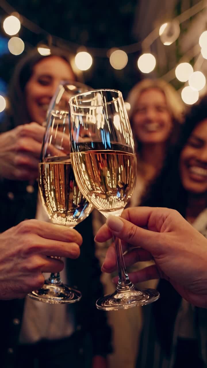 Blurred festive scene with friends toasting under string lights, captured from a low angle
