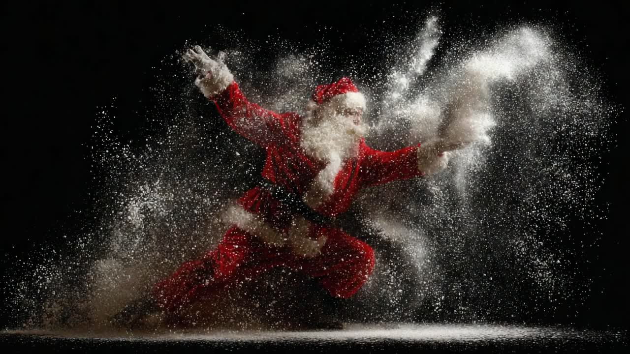 A Spontaneous Santa Claus Spreading Joy: An Energetic Display of Holiday Cheer with Dramatic Flour Explosion Capturing the Spirit of Festivity and Fun