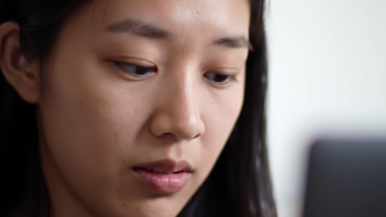 An Introspective Moment: A Close-Up Study of Emotions Reflecting on a Young Woman's Thoughtful Expression During Digital Engagement