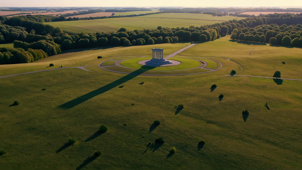 Aerial View of a Monument in a Park at Sunset
