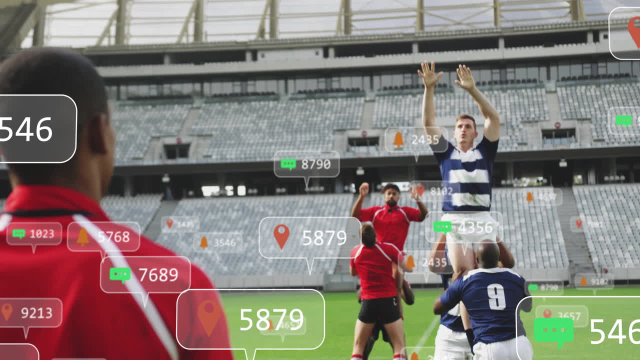 Rugby players tackling with animation of social media notifications in field