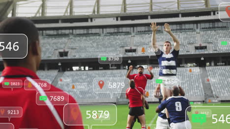 rugby players tackling with animation of social media notifications in field