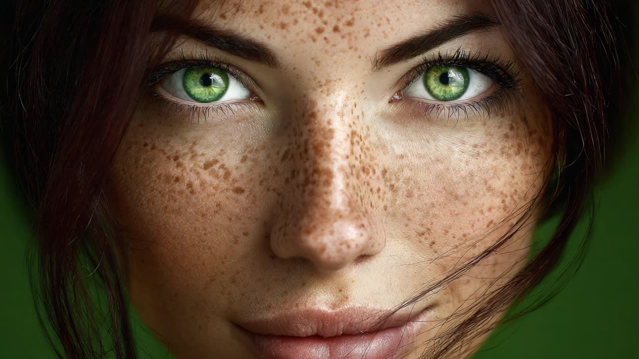 A close-up portrait revealing a woman with striking green eyes and prominent freckles, set against a vibrant green background, showcasing her natural beauty and unique features