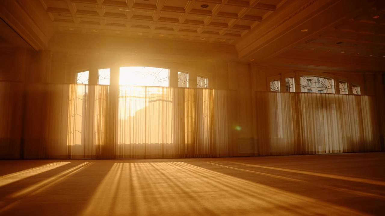 Low angle view of ornate empty ballroom flooded by warm golden sunlight through tall arched windows behind sheer floor to ceiling curtains, with bright glare, gentle haze, and strong diagonal shadow