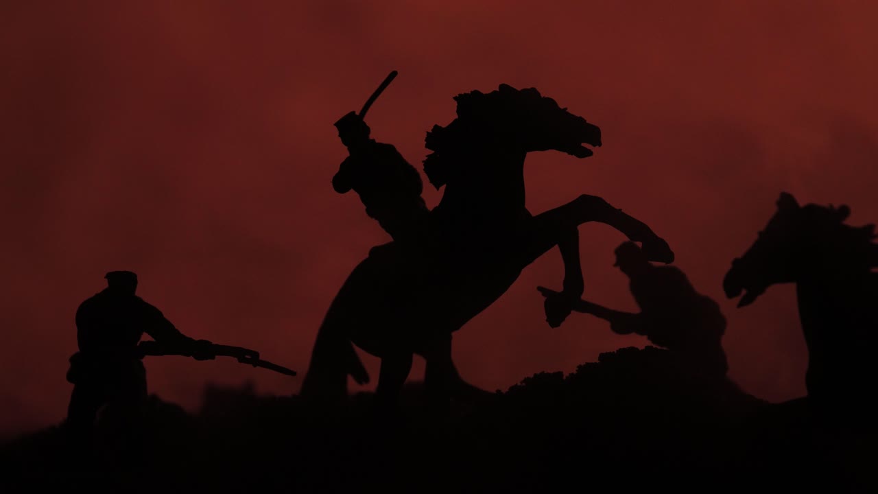 장난감 병사들과 함께 전쟁터에서 양육하는 말의 그림