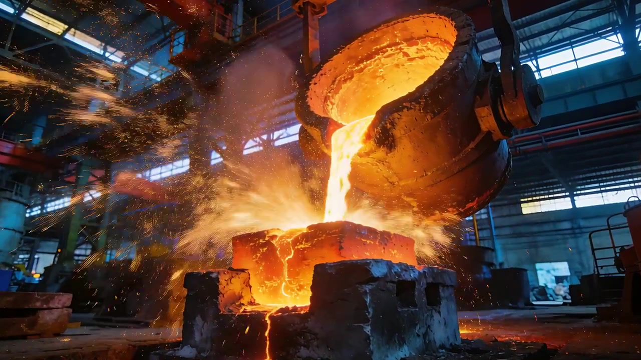 Grúa pórtico basculante vertiendo metal fundido desde una cuchara de colada suspendida en un molde de fundición en la fundición, chispas.
