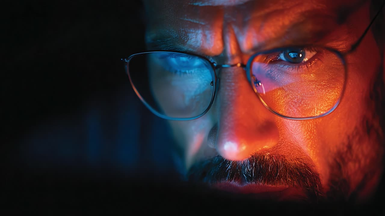Intense Focus: A Close-Up of a Man's Expression as He Analyzes Information in a Dimly Lit Environment, Capturing a Moment of Concentration and Determination
