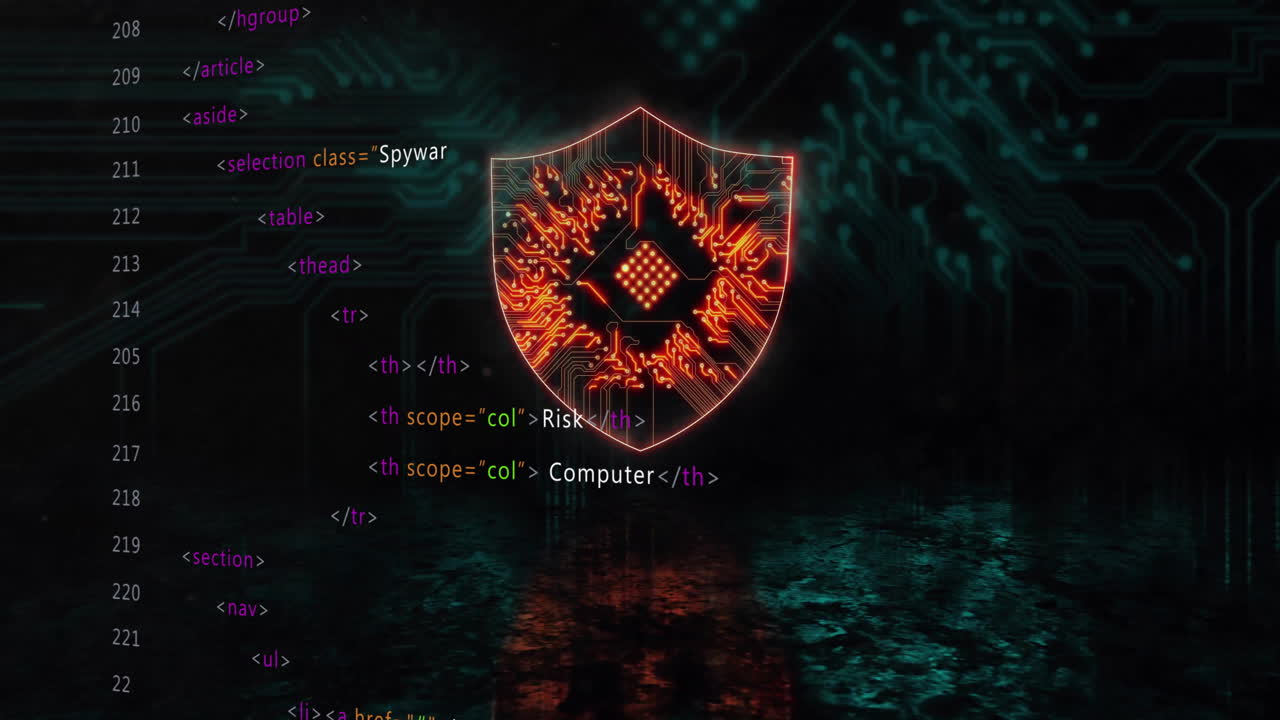 animación del procesamiento de datos sobre un escudo con una placa de circuitos informáticos sobre un fondo negro