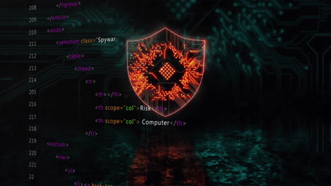 animación del procesamiento de datos sobre un escudo con una placa de circuitos informáticos sobre un fondo negro