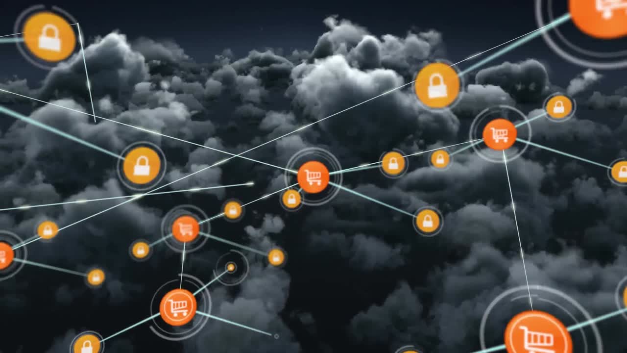 animación de redes de conexiones con iconos en el cielo