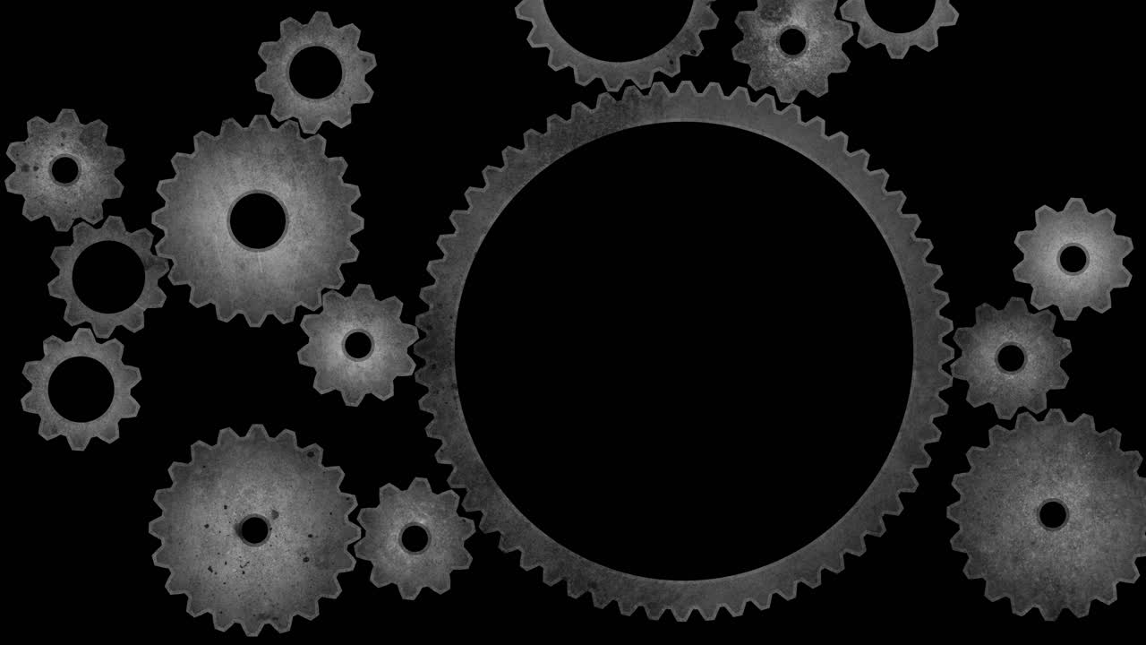 Cogs and gears - seamless loop of multiple rotating abstract gray grunge cogwheels against a black background, clockwork, complexity, automation and processes, interconnected parts