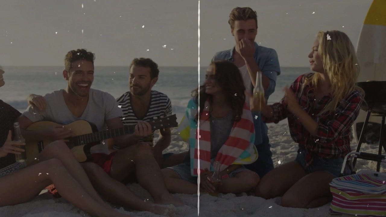 Amici seduti in spiaggia, chitarrista che strimpella e fa salire note animate per annunci di marketing