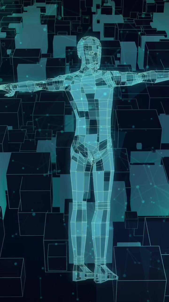 Animation of shapes and digital human over black background