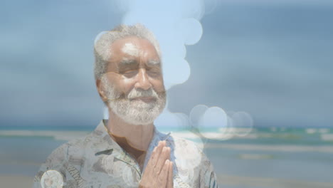 animación de puntos de luz sobre un anciano de dos razas practicando yoga y meditando