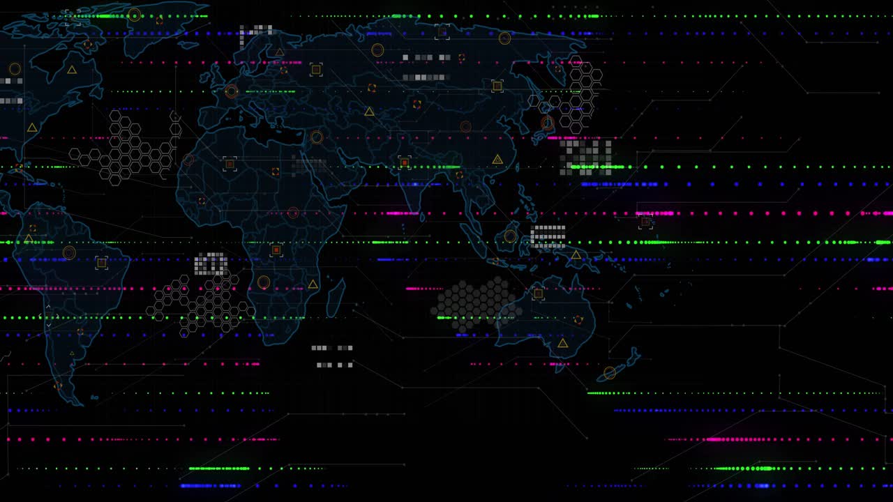 Opening UI revealing cyan world map expanding and animating glitch lines, overlays visualizing data