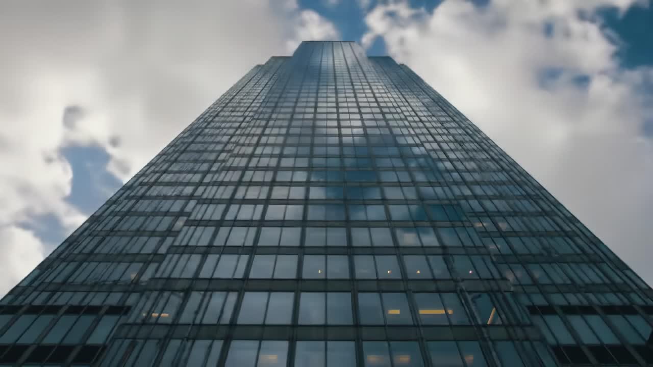 A modern skyscraper reaches for the sky, its reflective glass facade mirroring the clouds and creating a stunning visual display in the bustling cityscape.