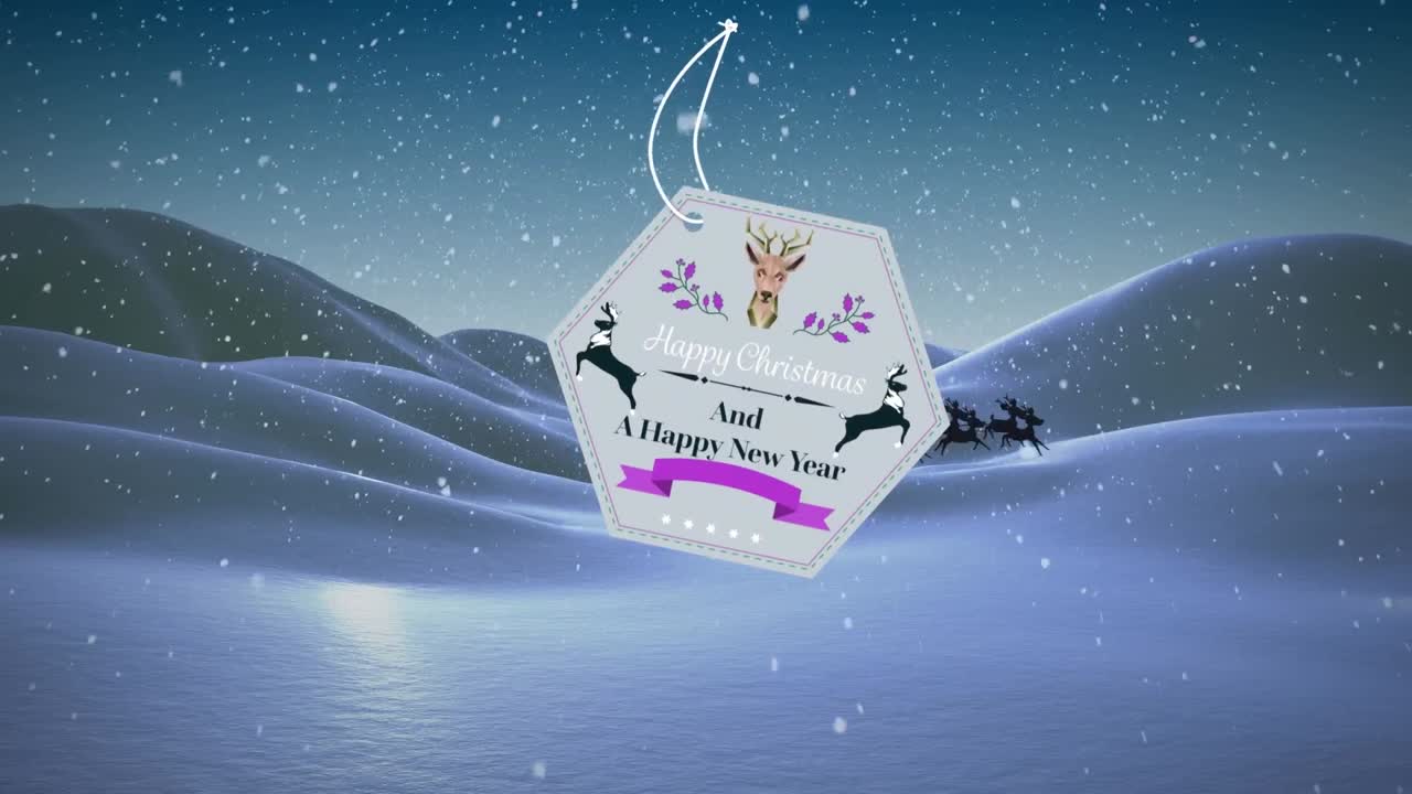 Animation of gift tag with season's greetings over santa claus in sleigh over winter landscape