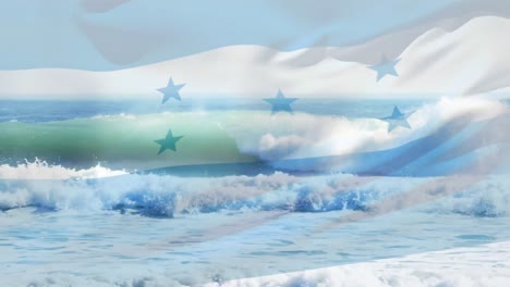 digital composition of waving honduras flag against waves in the sea