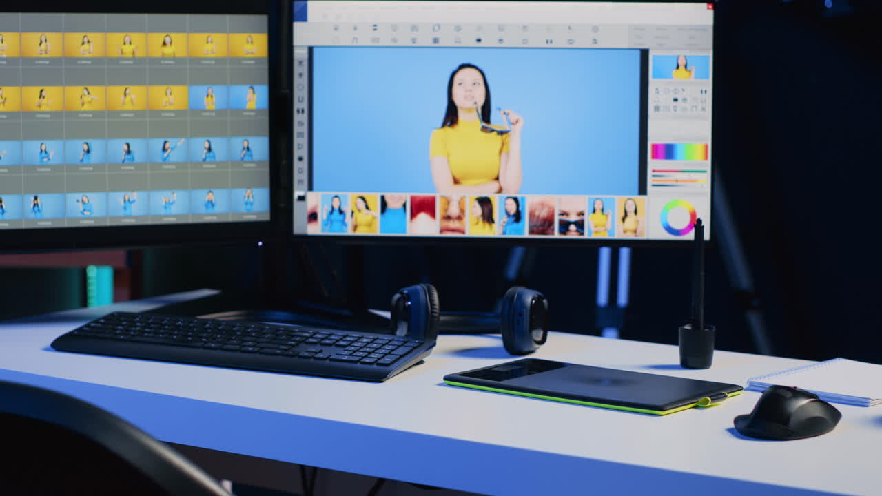 software de edición de fotos en pantalla de pc y tableta gráfica en el escritorio en un estudio creativo multimedia vacío