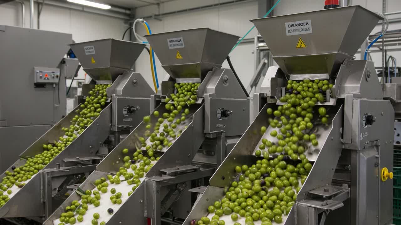 Automated Olive Processing: Efficient Sorting and Cleaning System in Action, Capturing the Flow of Fresh Olives from Machinery on a Modern Production Line