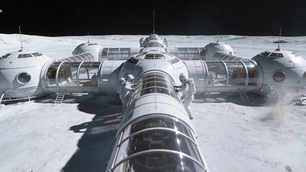 Due membri dell'equipaggio in tute EVA in posizione, che ispezionano e riparano un connettore trasparente vicino ai moduli sulla pianura lunare.