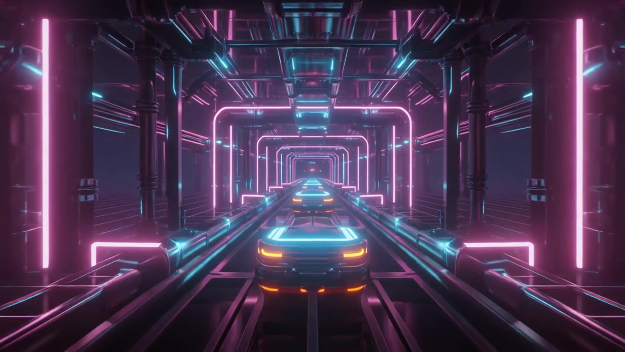 Auto sportiva futuristica che attraversa un tunnel cyberpunk al neon