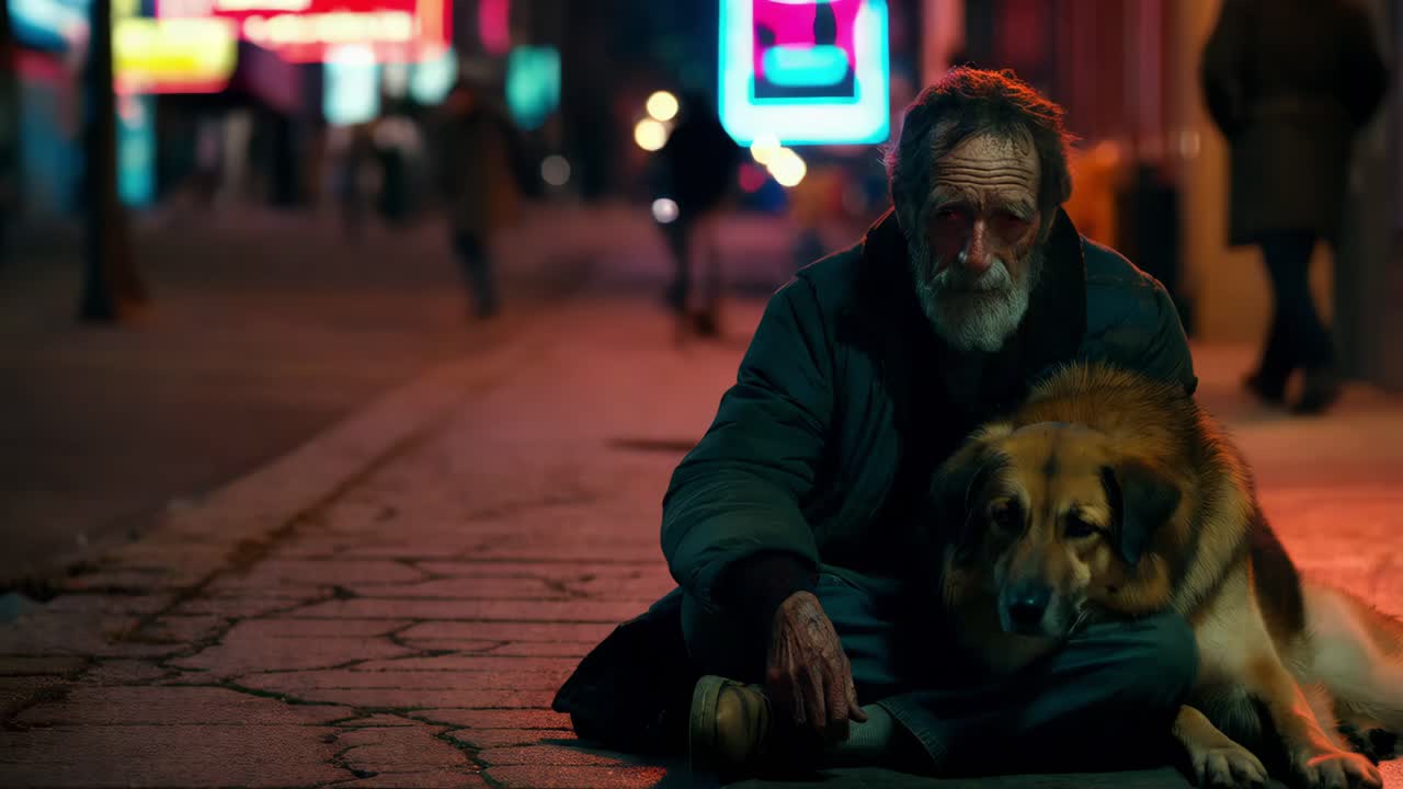 Homeless Man and Dog at Night