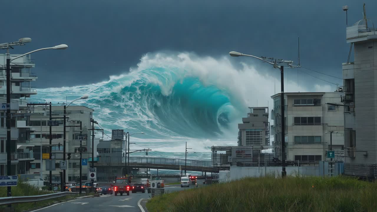 Giant Tsunami Approaching Coastal City