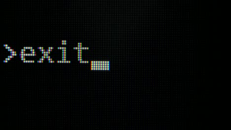 command line with word exit typed on computer screen closeup . macro detail shot monitor pixels. pixels zoomed in with white glowing crystals on a black background